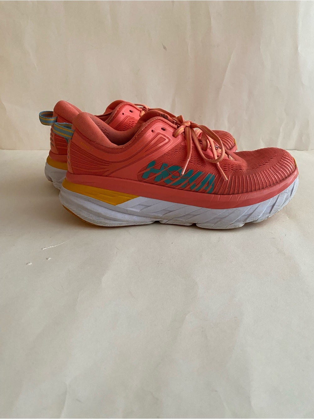 Hoka Coral Pink and Teal Athletic Sneakers